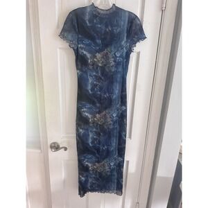 Almost Famous‎ Moody Floral Funnel Neck Dress Juniors Sz M Blue Lined